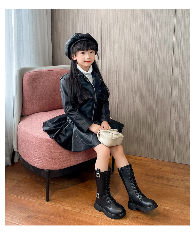 

2023 Girls Winter High Tube Belt Fastener Boots Child Warm Kids Snow Boots Autumn Fashion Microfiber Leather Shoe Free Shippin