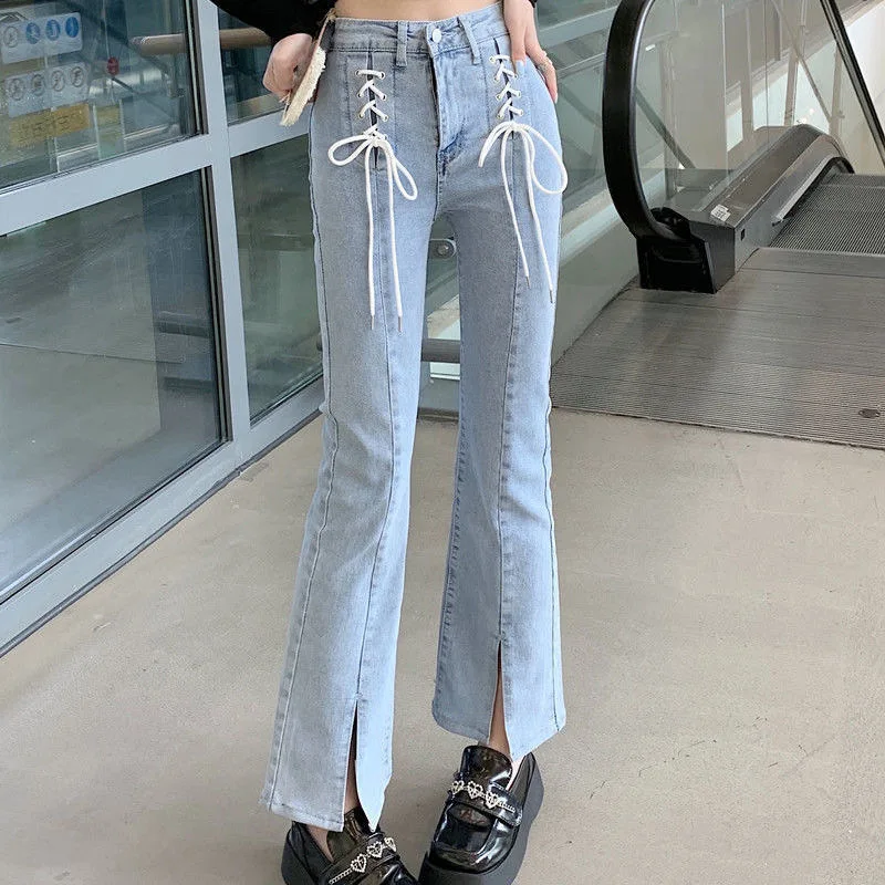 CGC Vintage Lace High Waist Women Flared Jeans Casual Wide Leg Denim Pants Korean Fashion Straight Streetwear Jeans Trousers