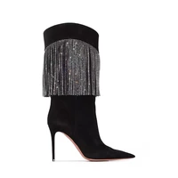 autumn new womens pointed toe rhinestone boots silver tassel stiletto suede boots black super high heels 34 43 yards