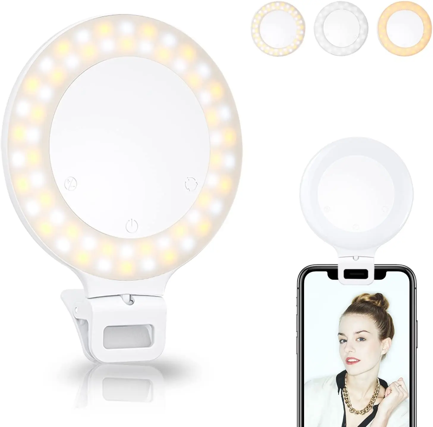 

Selfie Ring Clip on Ring Light Touch Control, Rechargeable 800mAh 60 LED Circlewith 3 Light Modes for iPhone/Andro