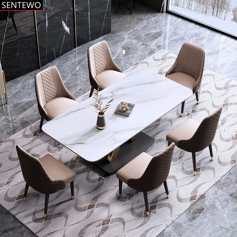 Роскошный мраморный обеденный стол набор из 6 стульев нержавеющей стали с