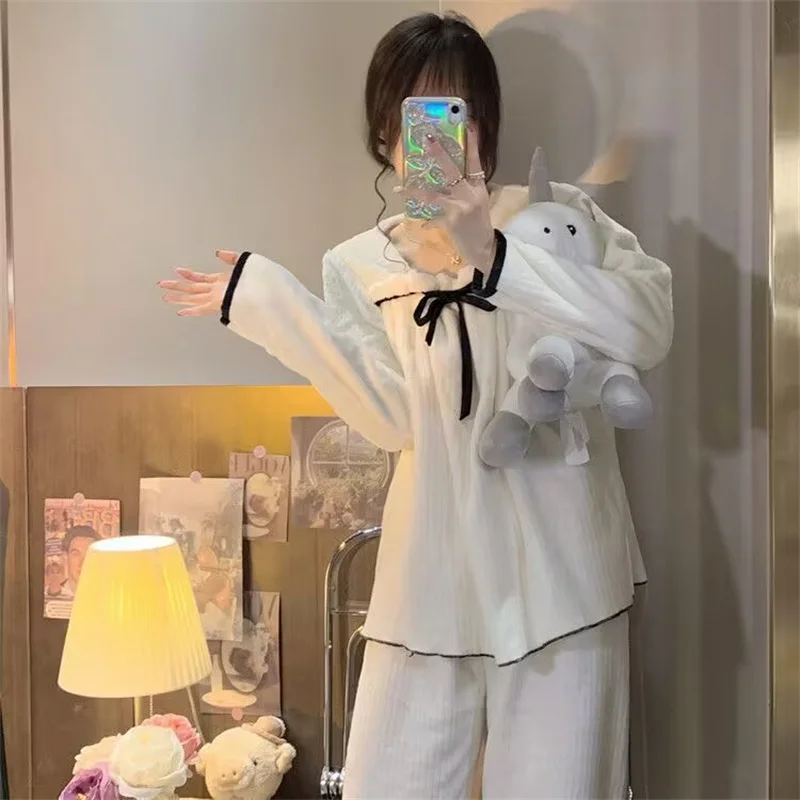 Sexy Bow Pajamas Set Full-Sleeve Long Pants 2Piece/Set Sweet Princess Pink Pyjama Big Size Homewear Cozy Winter Plush Sleepwear