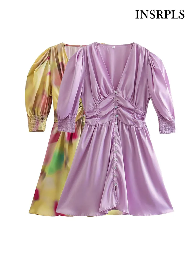 

INSRPLS женское модное Плиссированное мини-платье с принтом в стиле Tie-dye, винтажные женские платья с коротким рукавом и пуговицами спереди, ...