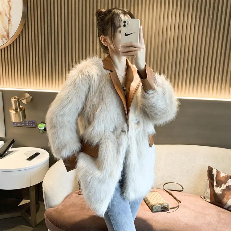 Blazer Woman Fall/Winter 2021 Faux Fox Fur Midi Fur Jacket Stitched Leather Coat for Women Office Lady Brown Fur Clothes