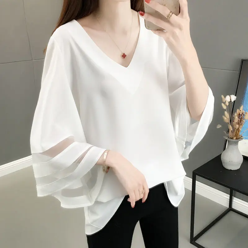 

Hollow Organza White Chiffon Shirt for Women 2023 Summer New Korean Style Bell Sleeve Loose Large Size Belly-Covering Coat
