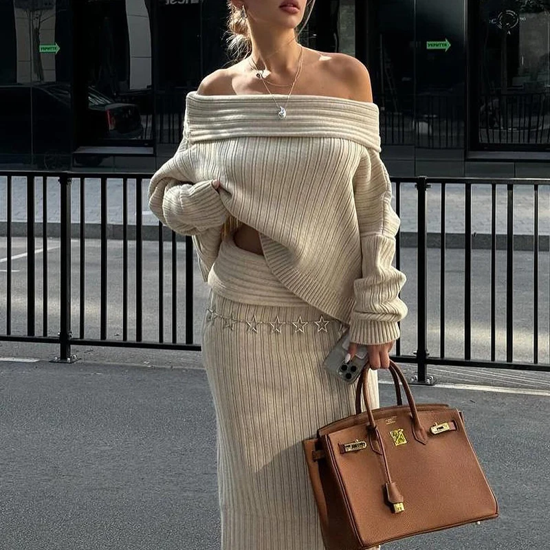 Fashion Slim Winter Outfit Chic Women Long Sleeve One Shoulder Jumpers&ampLong Skirts Sets Elegant Solid 2Pcs Party Knitted Suit