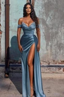 elegant off the shoulder satin mermaid evening dresses beaded ruched high split sweep train formal party arabic prom gowns new