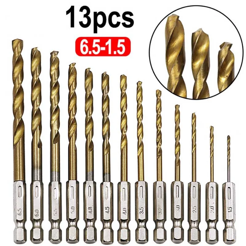 

NEW 13pcs HSS Titanium Coated Hex Shank Drill Bit Set Hexagonal Handle Twist Drill1/4 High Speed Steel Tools1.5-6.5mm