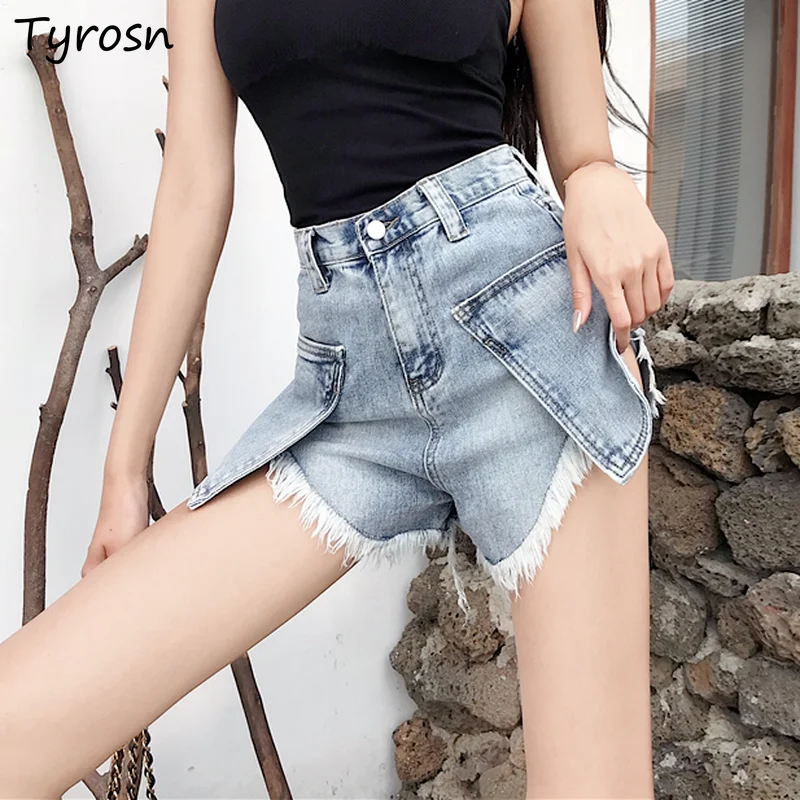 

Women Denim Shorts S-5X Fur-lined Big Pocket Design Elegant Lady Ulzzang Casual Daily Mujer Stylish Solid Distressed Clothing