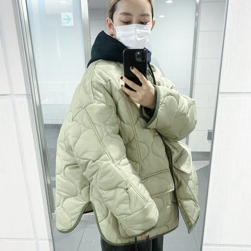 Women's Jacket Cotton Padded Seam Pocket Panel Button Long Sleeve Top High Street Casual Autumn Winter Women's Padded Clothes
