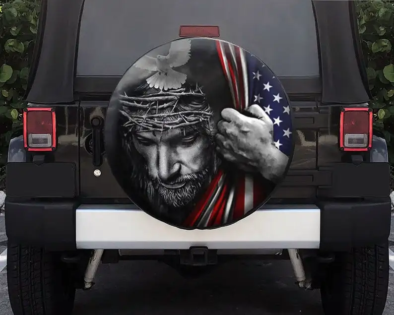 

Jesus, Faith over fear Spare Tire Cover for , God Jesus Christ Proud USA Flag Spare Tire cover, Backup Camera or Not, Car Ac
