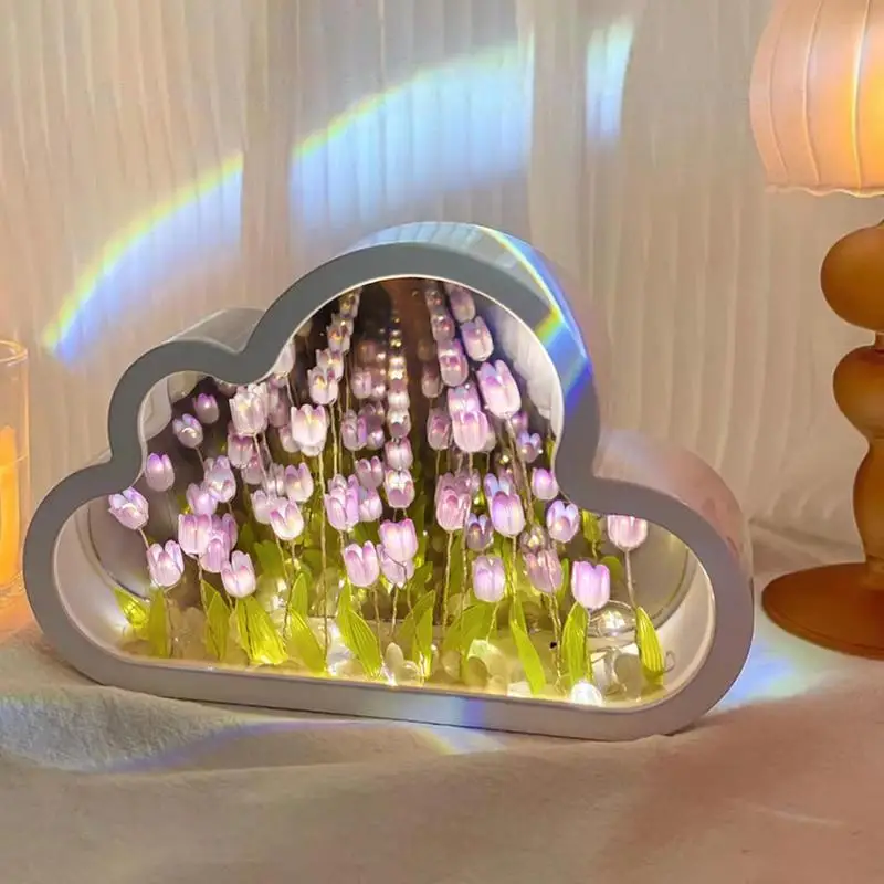 

DIY Tulip Night Light | Artificial Flower Sea Cloud Mirror Tulip Night Light | Delicate Bedside Lamp Home Mirror Decoration Hand