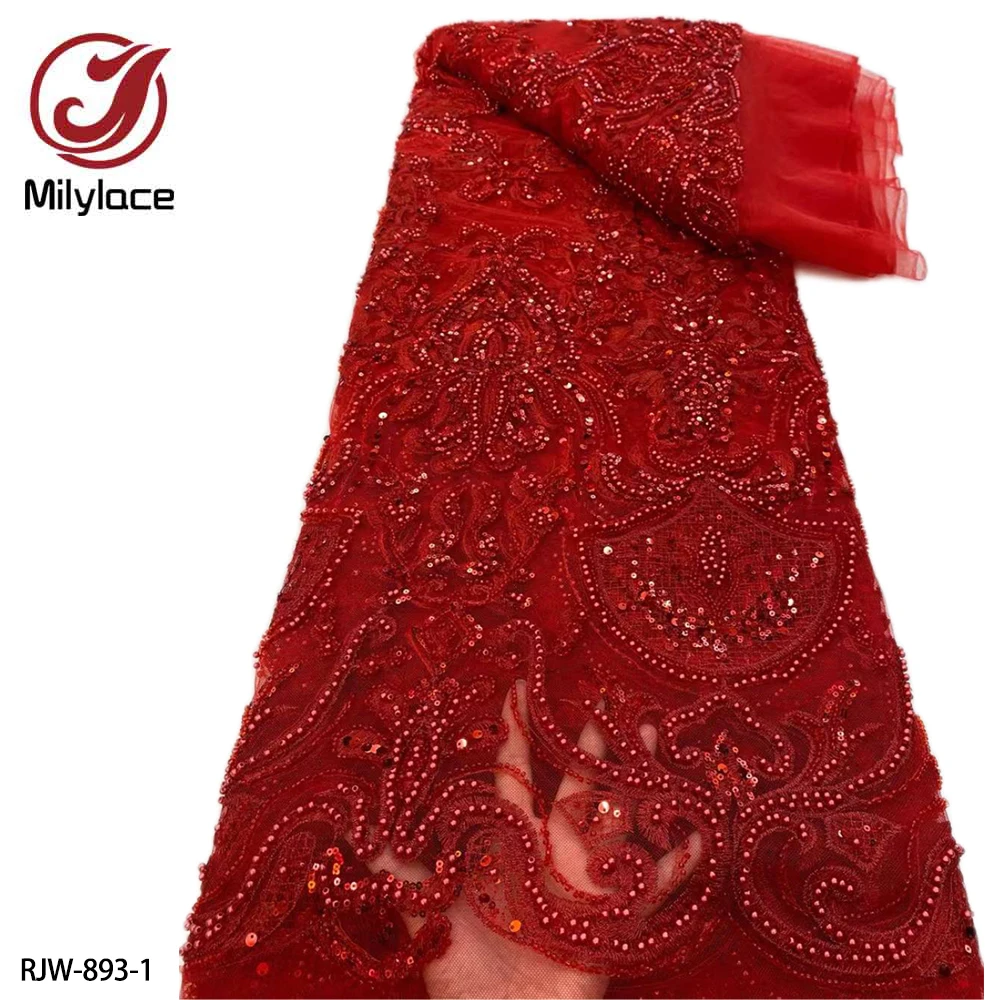 

Luxury Beaded Lace Fabric French Tulle Lace Fabrics Newest Handmade African Lace for Wedding for Bridal Material RJW-893