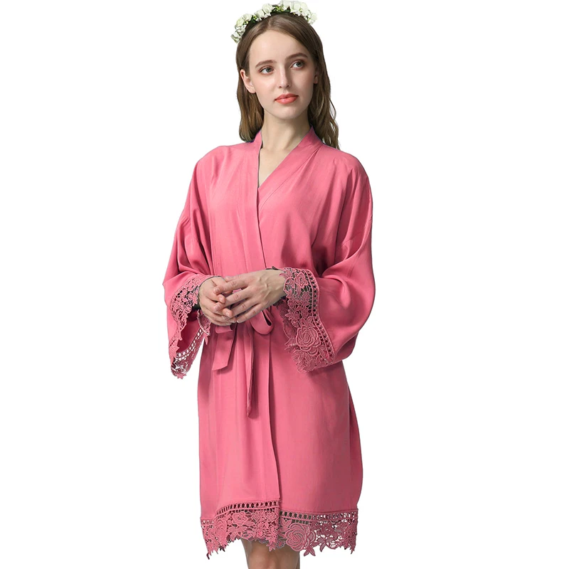 YUXINBRIDAL 2019 New Dusty Pink Solid Cotton Kimono Robes with Lace Trim Women Wedding Bridal Robe Bathrobe Sleepwear White