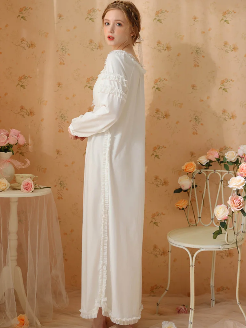 Women Fairy Night Dress Spring Cotton Ruffles Victorian Nightgowns Long Sleeve Sweet Princess Vintage Sleepwear with Chest Pad