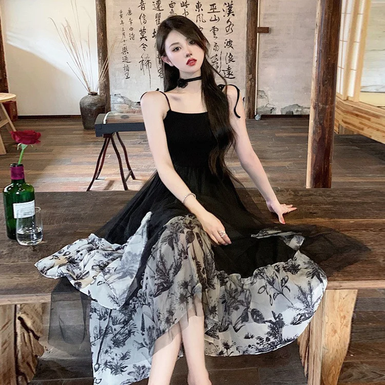 

French black gauze fairy sexy suspender dress women's summer harvest waist show slim long skirt