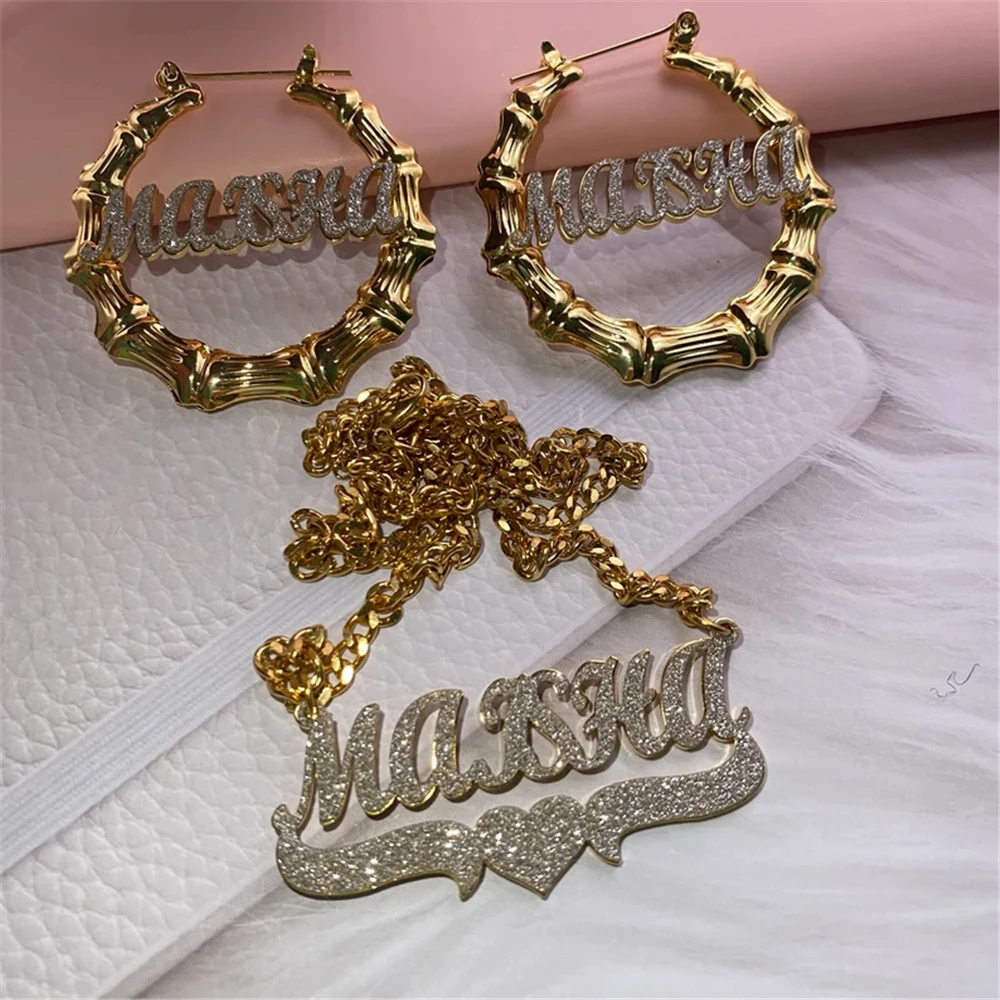 

Набор персонализированных сверкающих ожерелий и сережек с именем под заказ, персонализированные сверкающие серьги в стиле хип-хоп из бамбу...