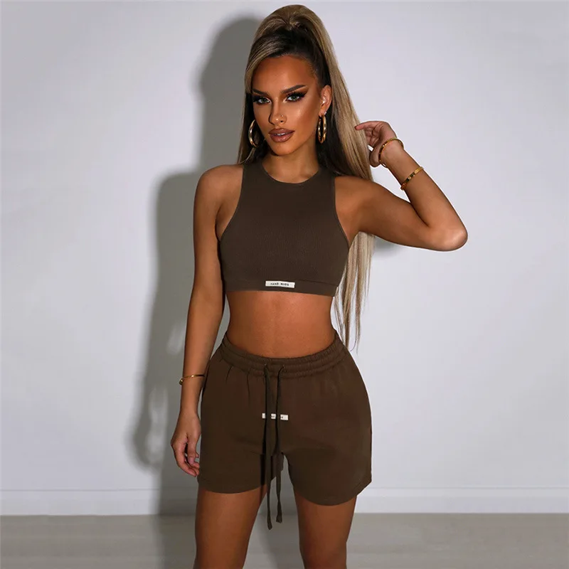 Sporty Solid Letter Two Piece Set Women Ribbed Skinny Tank Tops+ Loose Casual Bandage Shorts Matching Female Tracksuit |