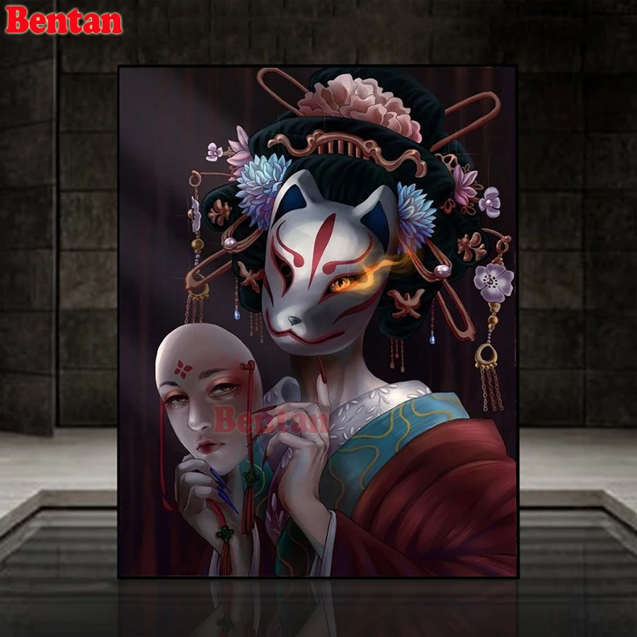 

5D Diy Diamond Painting Japanese Geisha Fox Mask Woman Cross stitch Kit Full Drill Square Embroidery Mosaic For Adults Gift
