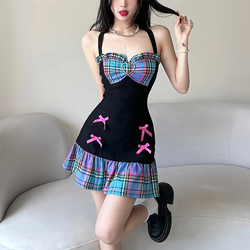 

y2k 2023 Summer Fashion Halter Black Panelled Mini Dress Sexy Backless Pleated Night Club Outfits for Women Sleeveless Dresses