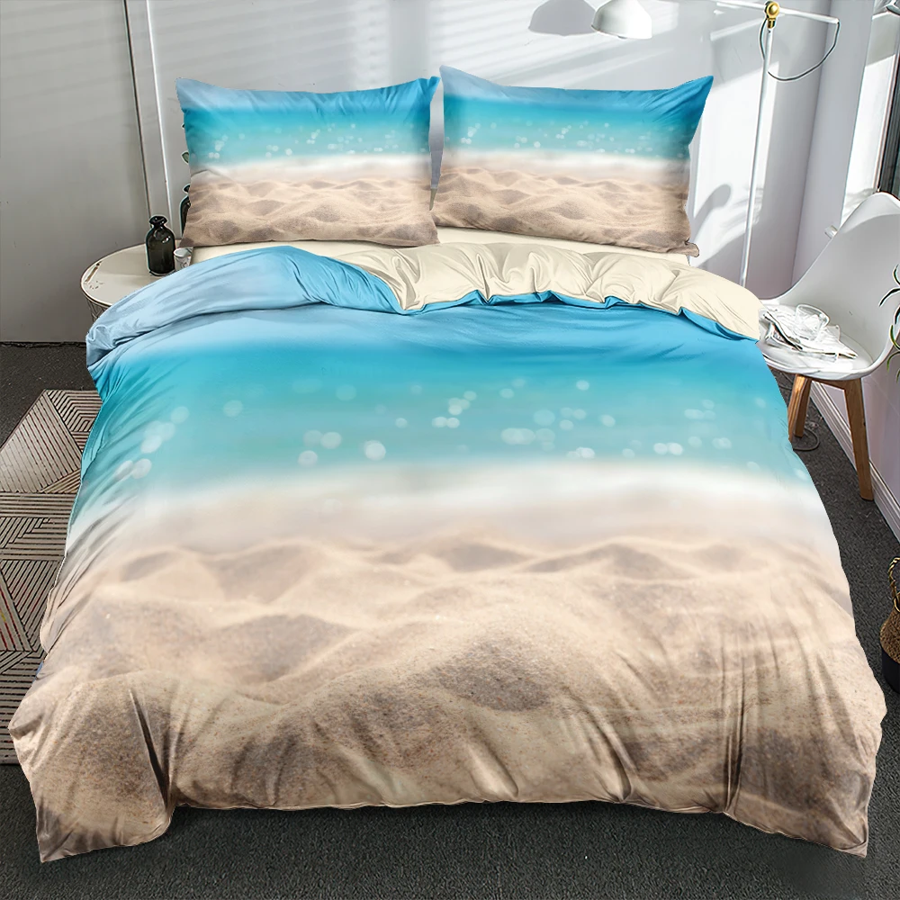 

3D Blue Sea Quilt Cover Set Sandbeach Duvet Cover With Pillowcases Breathable Fabric Bed Linen Single Double Queen King Sizes