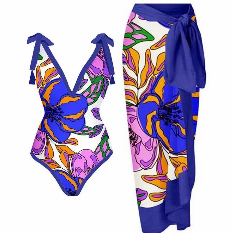 Two 2 Piece Sets Women Outfit Summer New Fashion Print One Piece Bikini And Asymmetrical Skirt Beach Swimming Matching Sets 2023