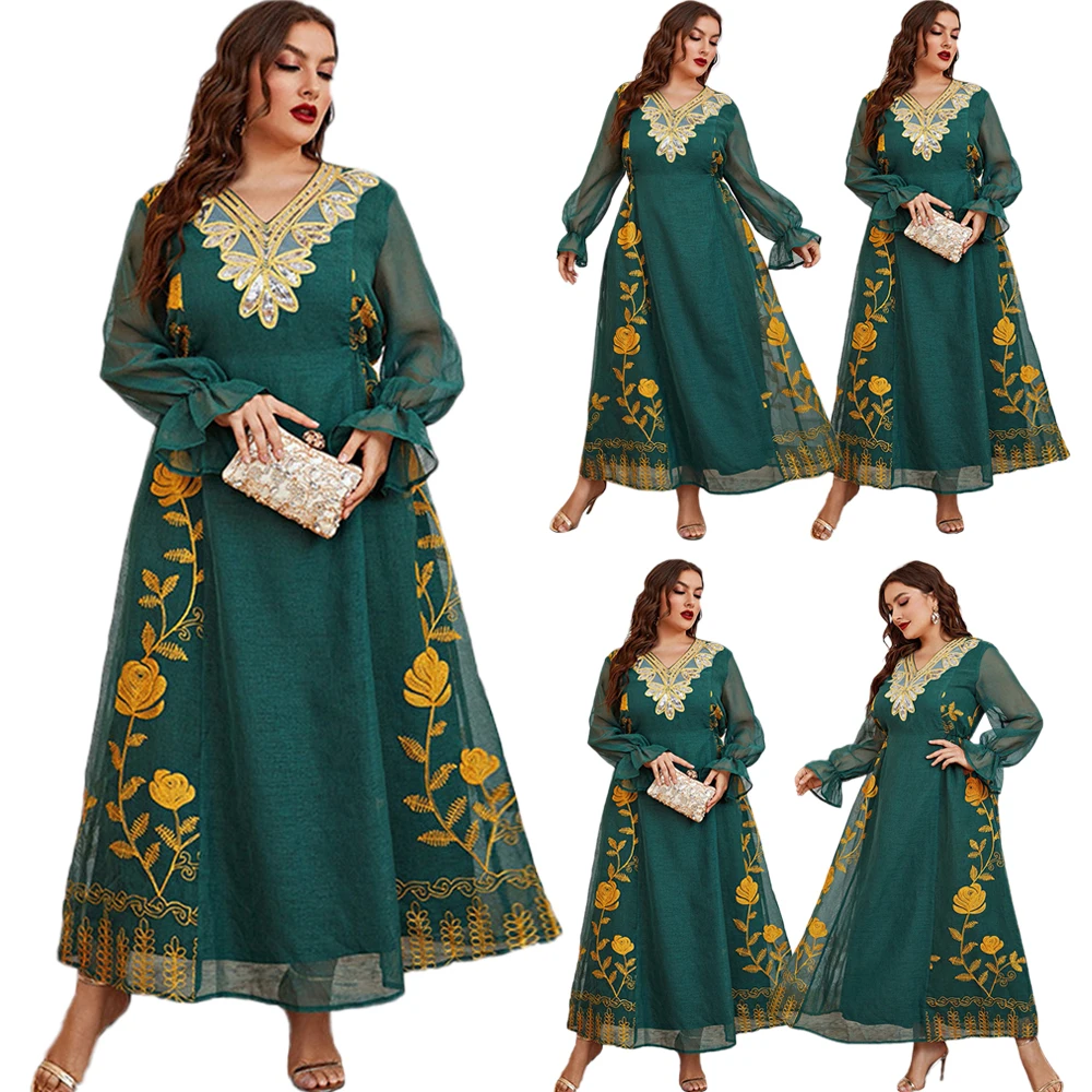 

4XL Plus Size Ramadan Islamic Kaftan Abayas Embroidery Muslim Women Long Dress Arab Ethnic Robe Turket Vestido Moroccan Jalabiya
