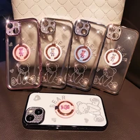 all in one lens film phone case for iphone 13 12 11 pro max diamond bear drop case for iphone 11 12 13 women with ring holder