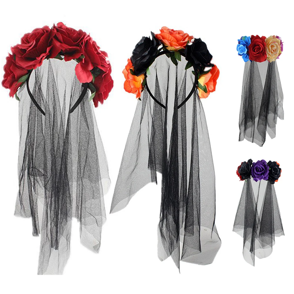 

Винтажная повязка на голову для Хэллоуина Женская повязка на голову День мертвых красных роз Цветочный головной убор Цветочная повязка для волос аксессуары для волос для косплея