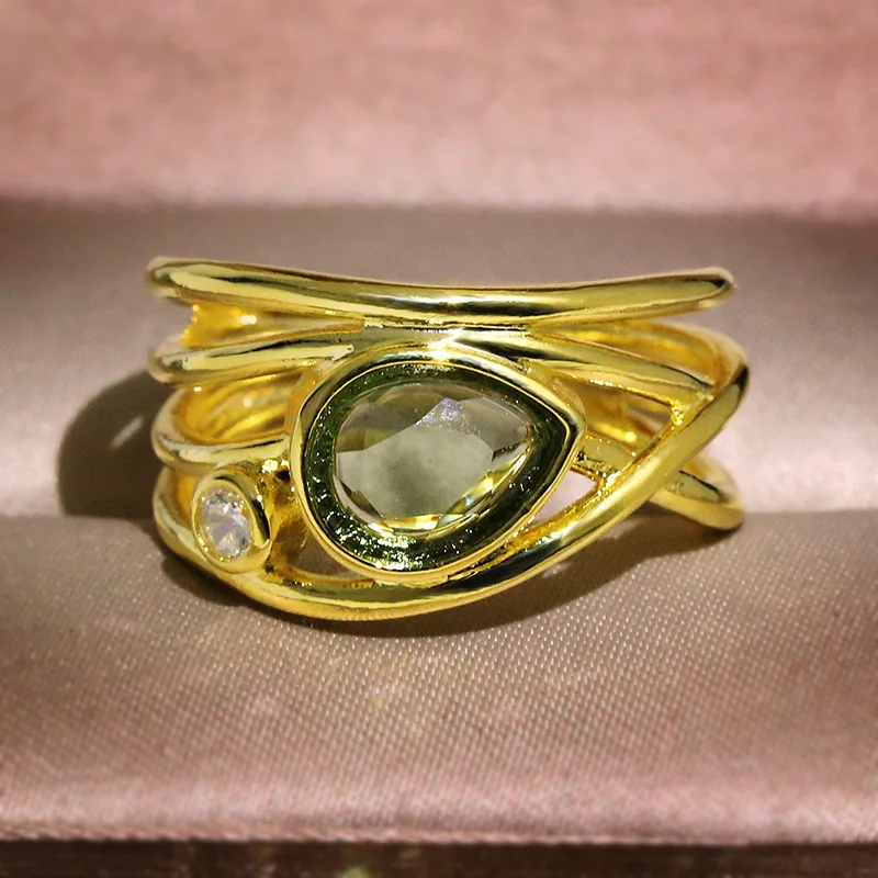 

Модное многослойное волнистое кольцо из 18-каратного золота с Овальным Изумрудом оливковым лунным камнем, парное кольцо с бриллиантами для женщин, свадебный подарок, ювелирные изделия
