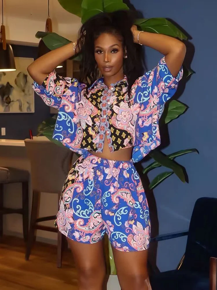 

Summer Short Sleeve Set Women Casual Fashion Print Beach Vacation Shirts Top And Shorts Suit 2-piece Sets Young Women's Clothing