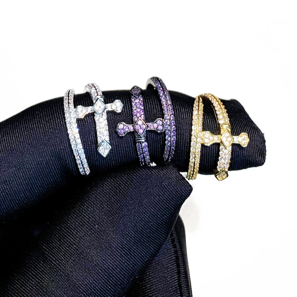 Men's Cross Sword of Justice Design Open finger rings Purple Zircon Cuff Bracelets Black Gun Plated Male Hiphop Party Jewelry