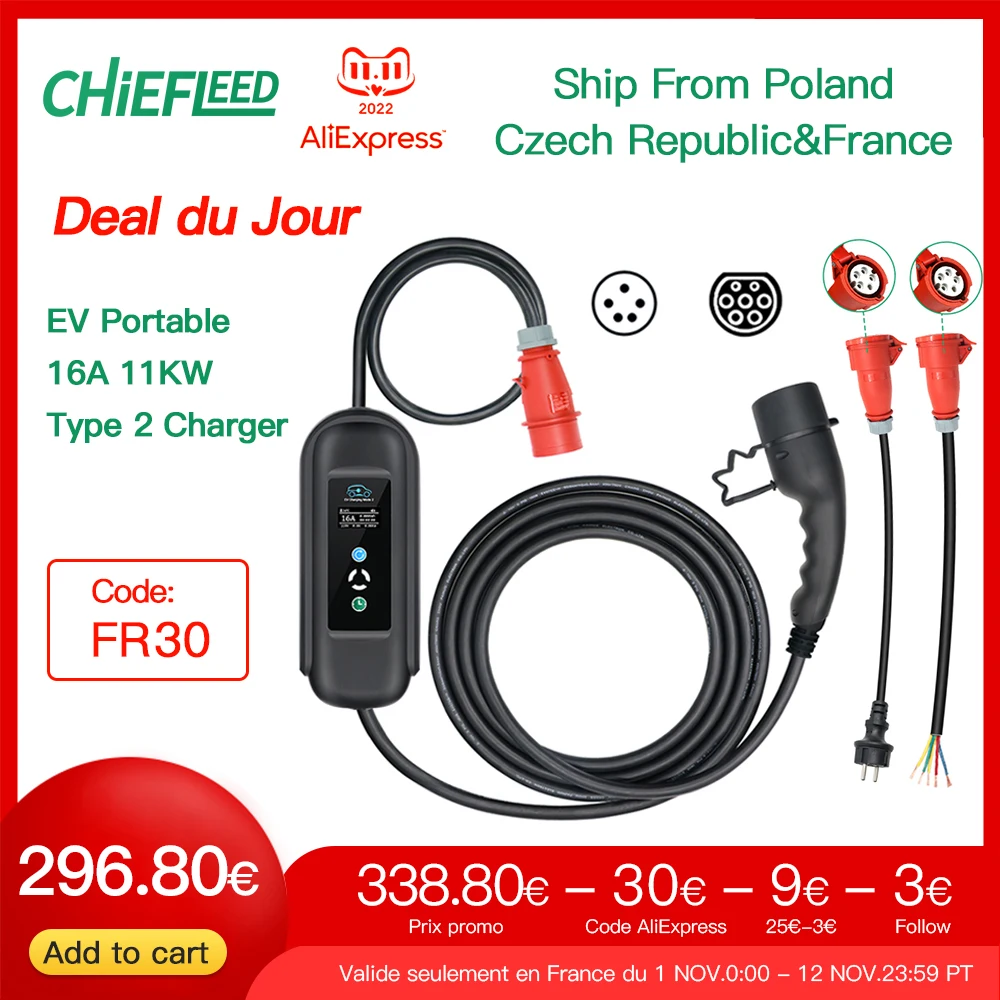 

Mobile Home EV Charger 11KW Type 2 16A 3P 380-450V Wallbox With Cee Red Plug Adjustable Current 8/10/13/16A Cable 5M