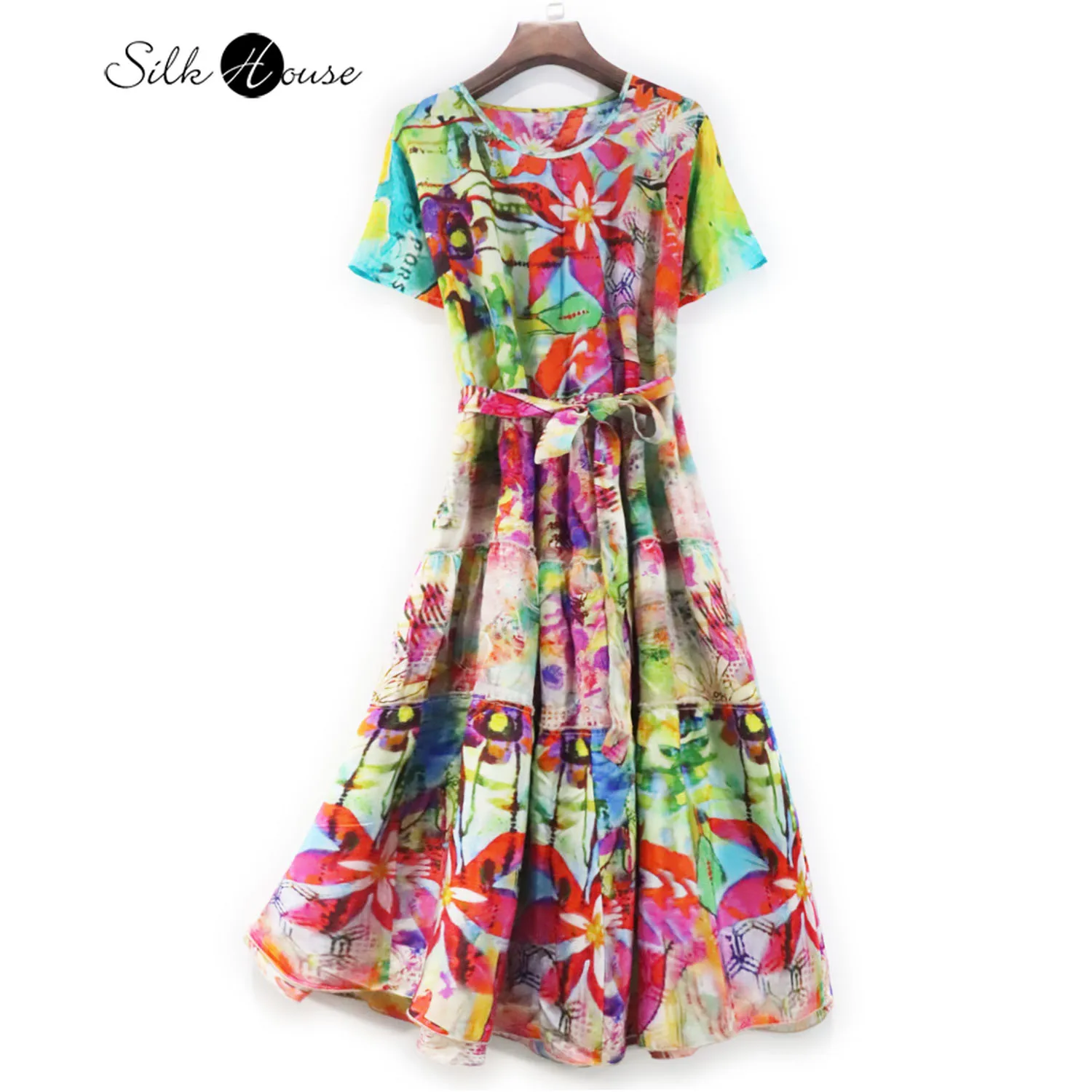 

Silk Dress Mulberry Silk Colorful Ink Printing Medium Length Skirt Women's Dress Lace Up Waist Round Neck Crepe De Chine