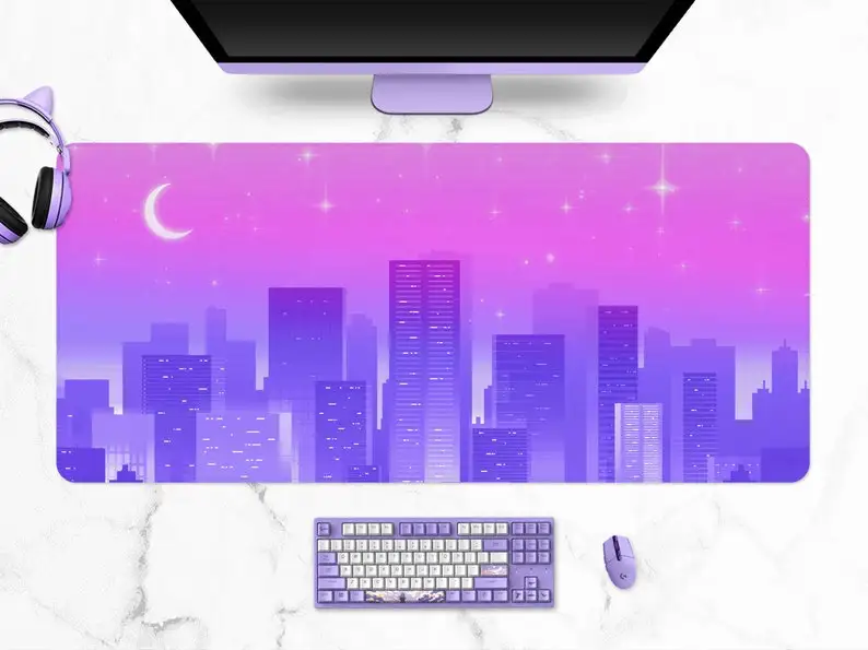 

Purple skyline Mousepad, Anime aesthetic XL wide gaming mouse pad, Extra large desk mat, Kawaii 90s Retro pastel moon Landscape