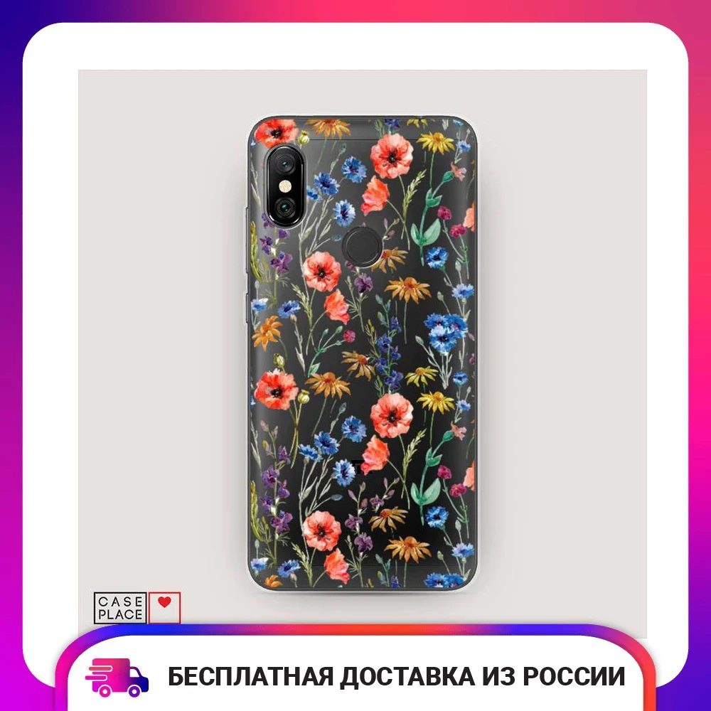Чехол Силиконовый для Xiaomi Redmi Note 6 Pro Маки и васильки фон защитный тонкий мягкий