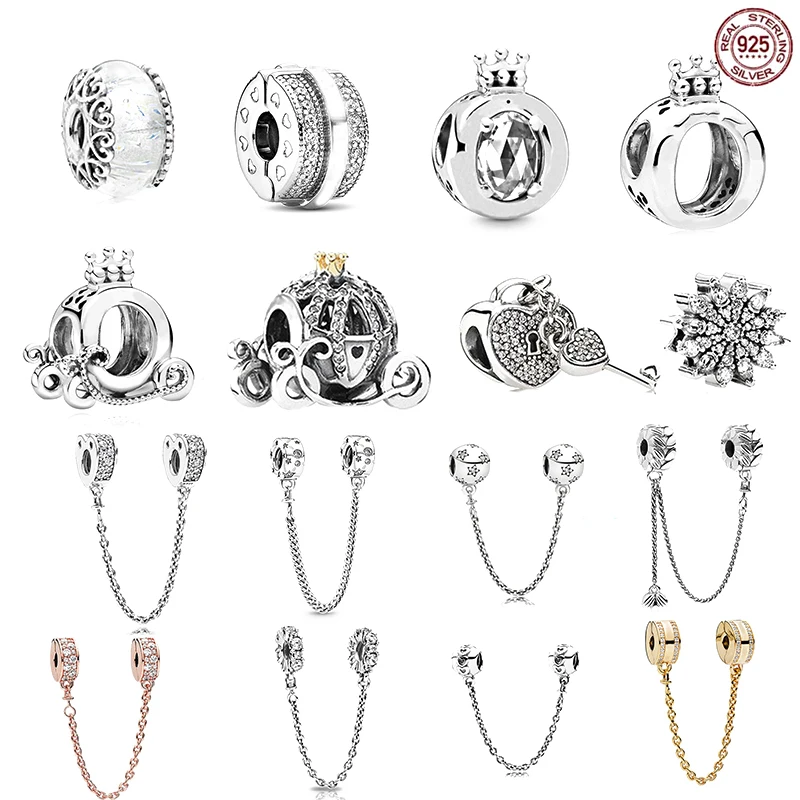 

Simple 925 Sterling Silver Crown Round Safety Chain Pendant Beads for Original Pandora Bracelet DIY Gifts for Women
