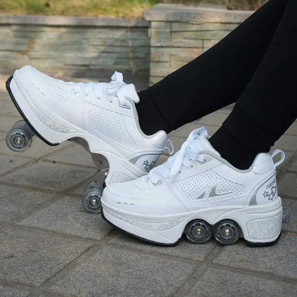 Portable Deformation Roller Skate Shoes Parkour Roller Shoes Sneakers With Four Wheels Running Shoes ​For Unisex Children Shoes