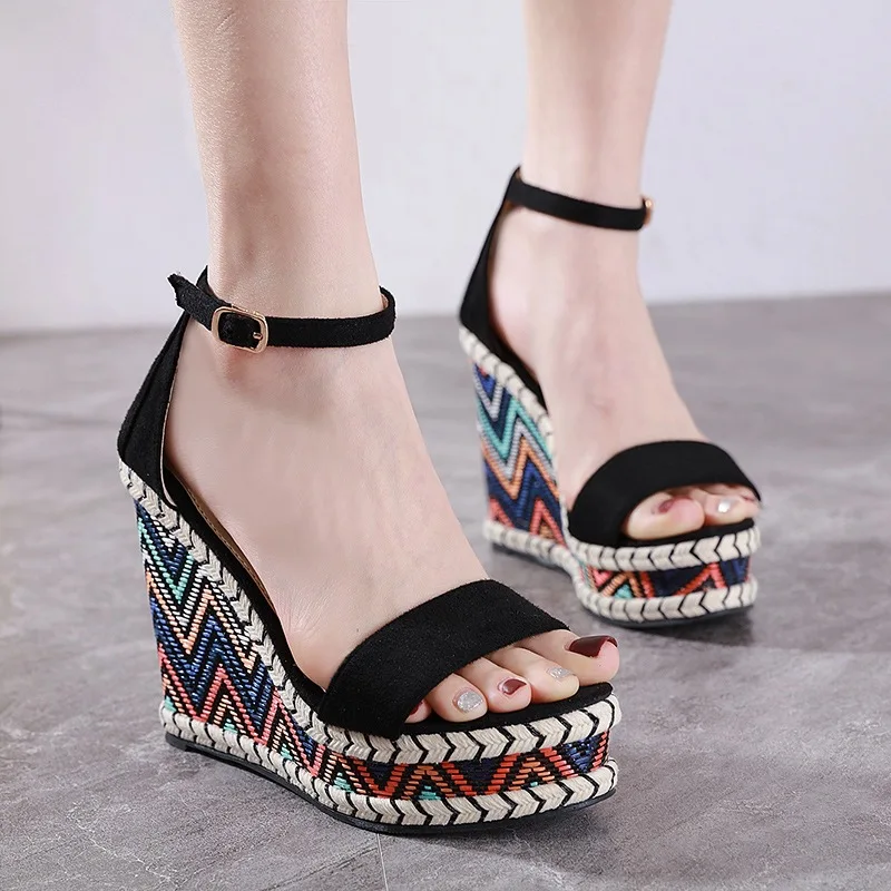 

Women Sandals Summer Footwear Pumps For Woman Party Shoes Wedges Flat 11.5cm High Heels Thick Platform Flock Female Club Sandals