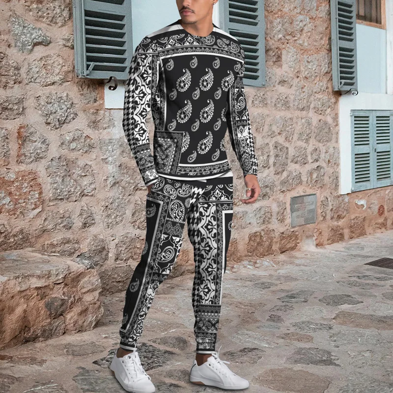 

Spring and autumn waist jacquard sweater pullover Men's high-quality retro casual sweater+trousers two-piece set