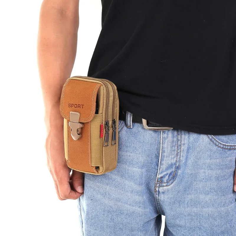 

Portable Mobile Phone Pouches Multi-zipper Men Canvas Waist Belt Bum Bag Running Pouch Travel Camping Bags Hiking Backpacks
