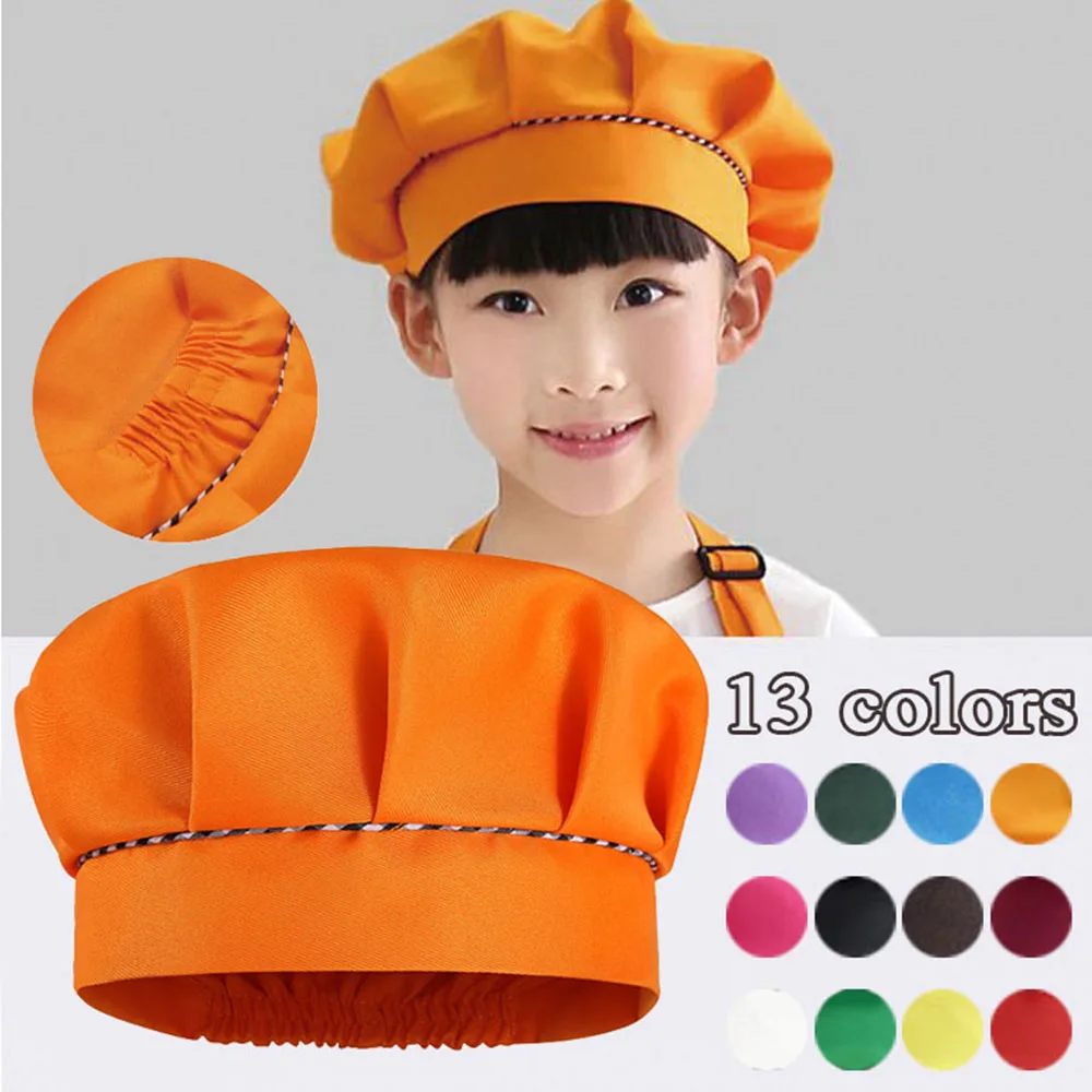 

New Children's Chef Hat Cute Boys Kitchen Work Caps Solid Pleated Top Hats Photography Prop Kids Costumes Chef Baby Cook Cap