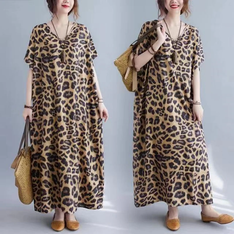 

Maternity Dresses Short Sleeve V Neck Leopard Print Long Dress Spring Pregnant Clothes Elegant Together Maternity Clothing
