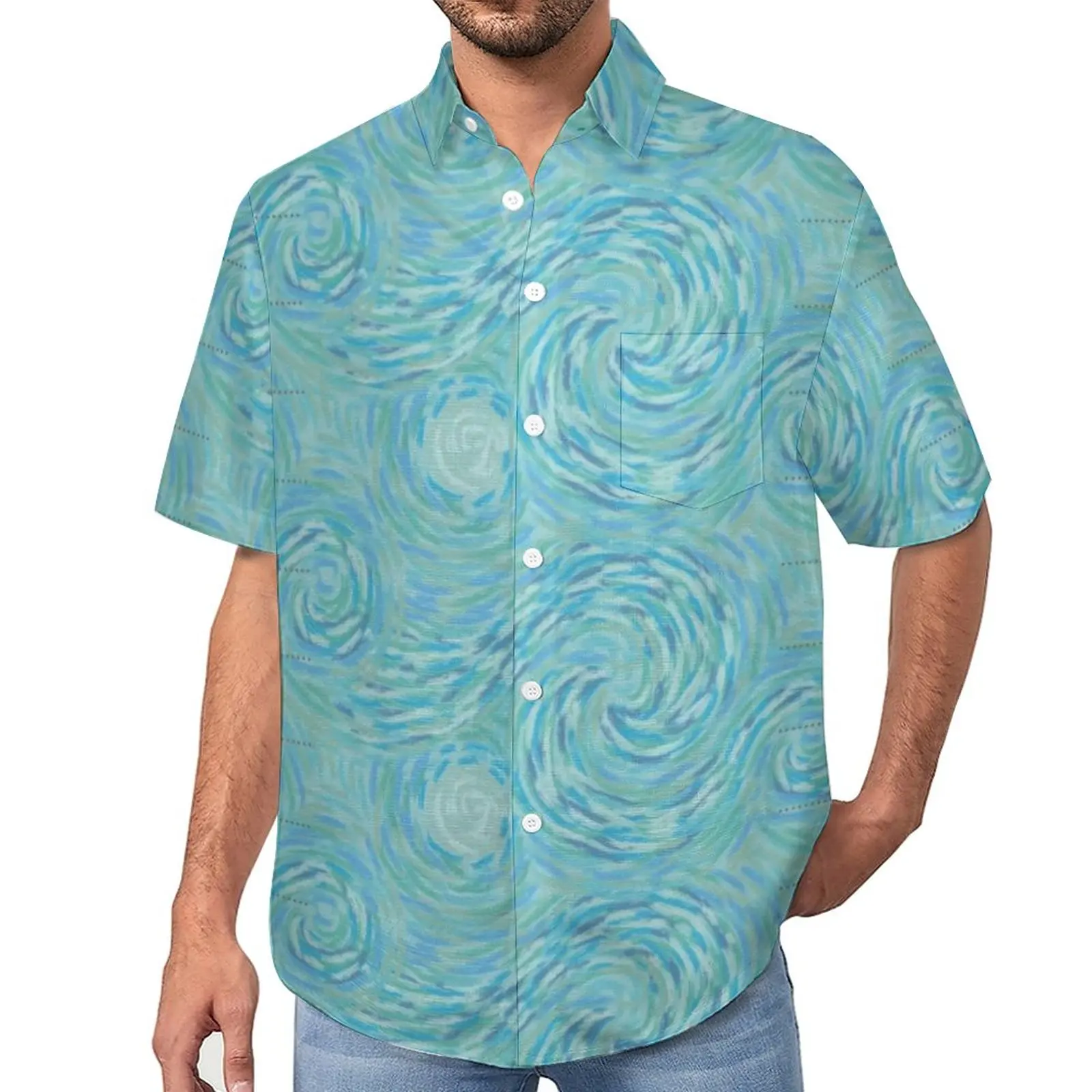 

Bright Teal Blue Gray Swirl Loose Shirt Man Beach Van Gogh Casual Shirts Hawaiian Design Short Sleeves Trendy Oversized Blouses