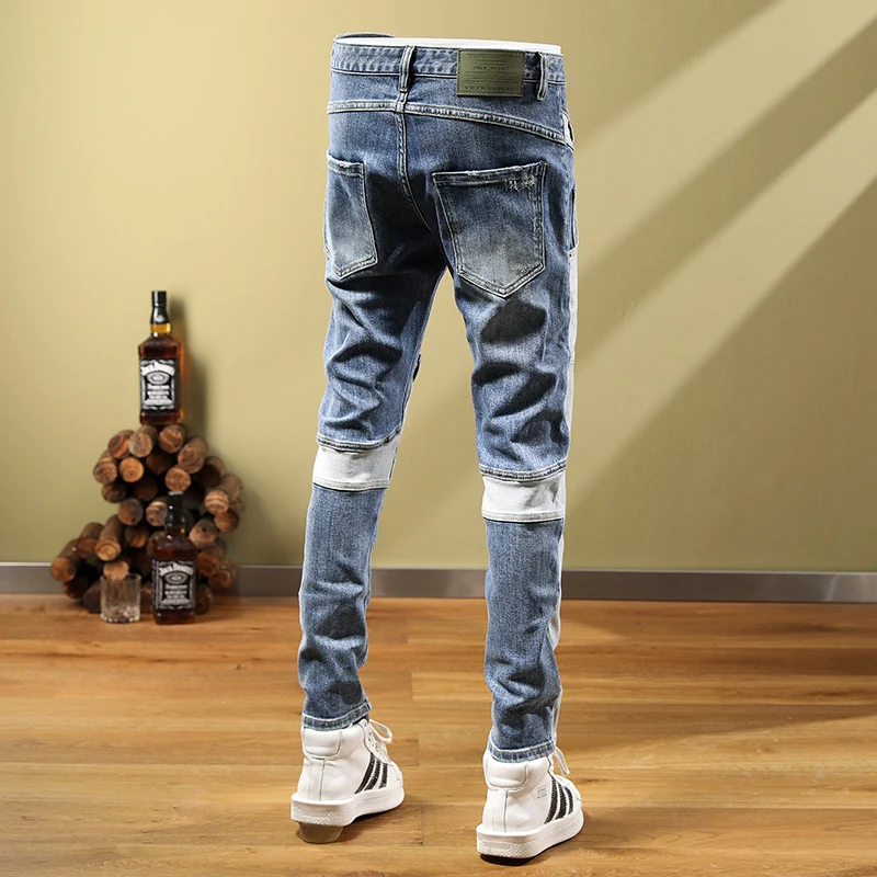 High Street Fashion Men Jeans Retro Blue Elastic Slim Fit Spliced Ripped Jeans Men Patchwork Designer Hip Hop Denim Pants Hombre