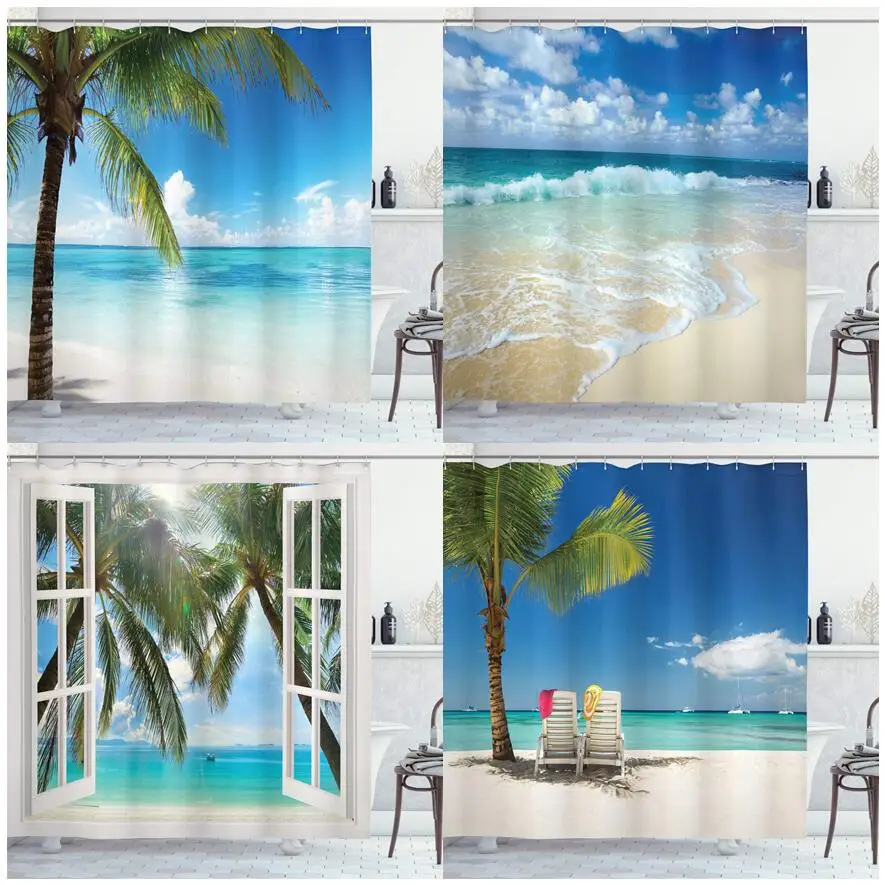 

Гавайская пляжная занавеска для душа, тропический морской волнистый Летний морской пейзаж, ткань с современным принтом, занавеска для ванн...