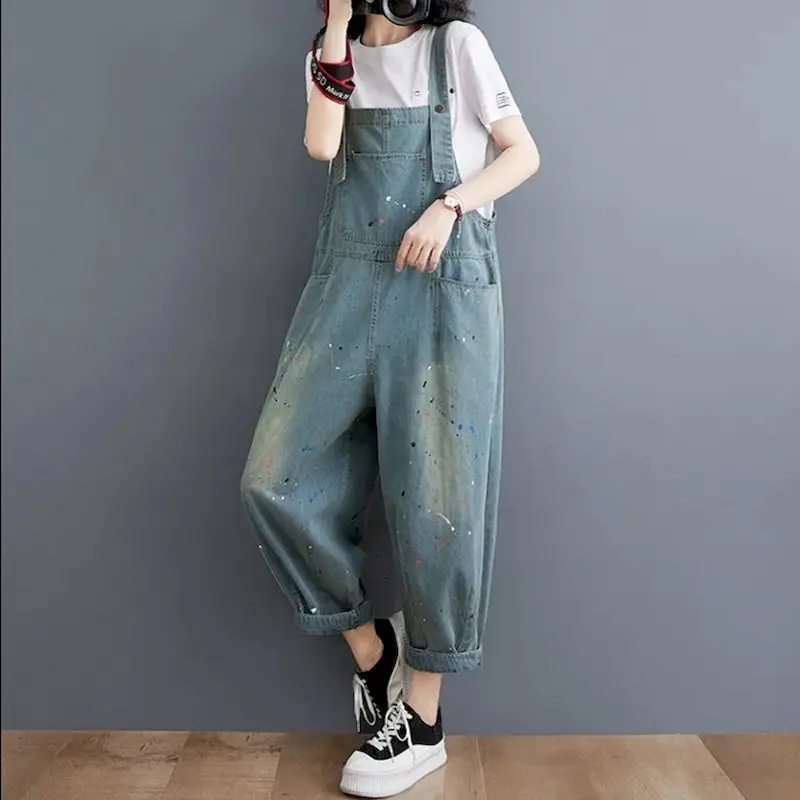 Джинсовые комбинезоны для женщин корейский стиль комбинезон с принтом Харадзюку