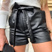 casual gothic fashion pu leather shorts women black england style sexy high waist bow tie wide leg shorts with belt harajuku