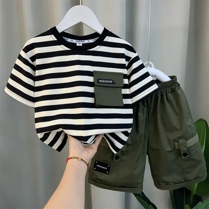 

Kids Boys Stripe Short Sleeve Set 2023 New Fashion Children's Baby T-shirt Shorts Two Piece Boys' Clothing Set