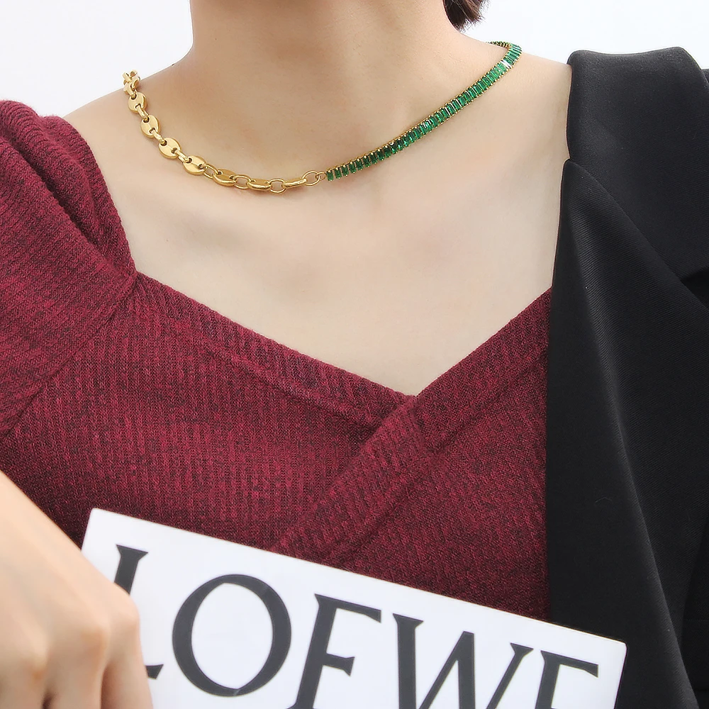 

Charm Pig Nose Stainless Steel Choker For Women Men Coffee Bean Chain Necklace White Emerald Zircon Gold Color Jewelry Gift